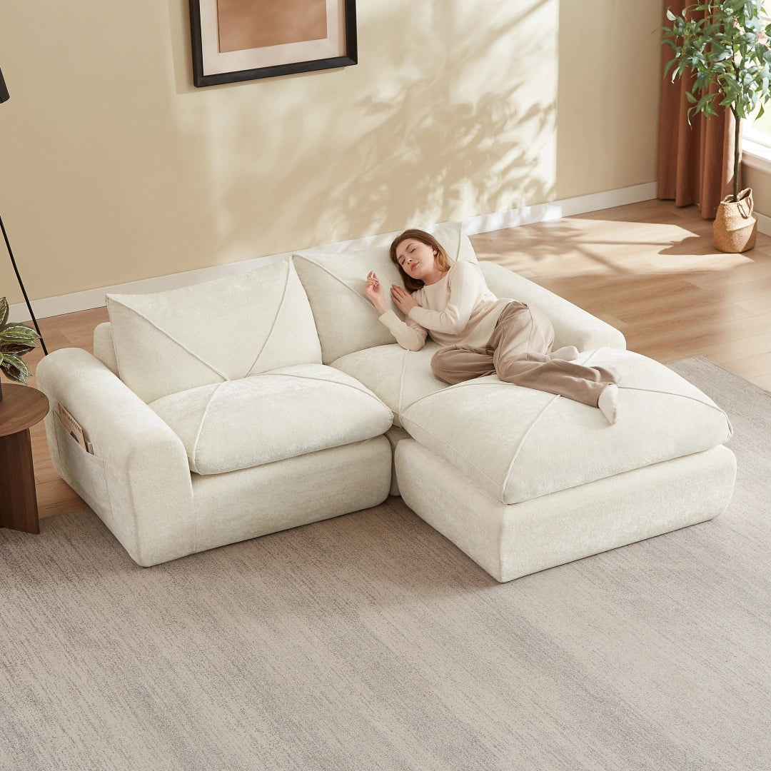 Beige 2 Seat and 1 Ottoman Modern minimalist chenille combination sofa #6159
