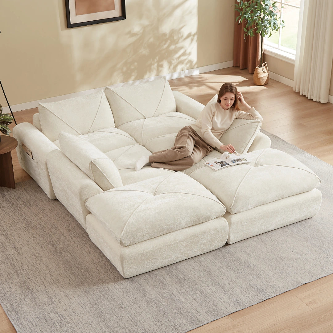 Beige 4 Seat and 2 Ottoman Modern minimalist chenille combination sofa #6159