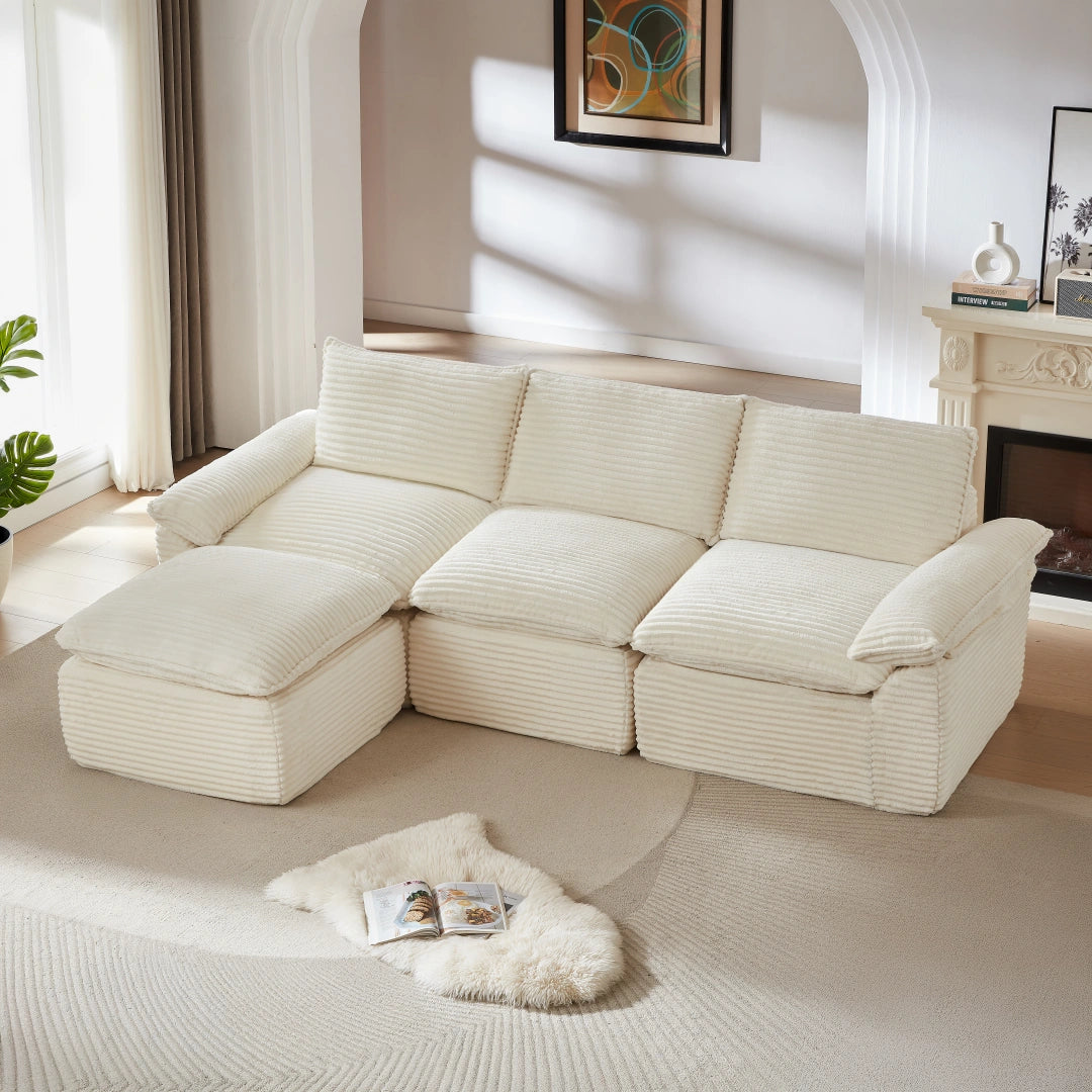 White 3 Seat and Ottoman Modern corduroy cloud sofa #6108