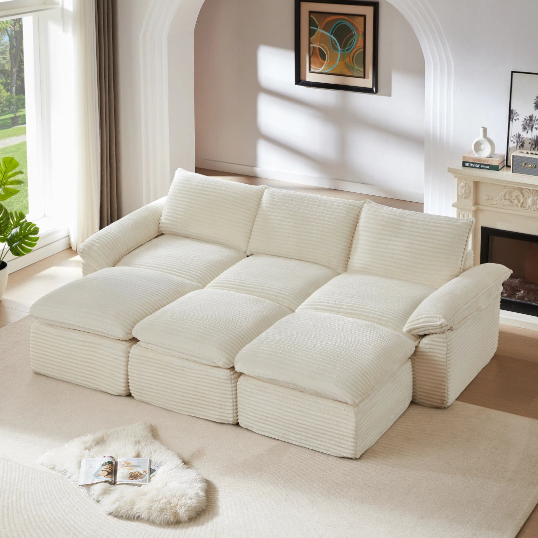 White 3 Seat and 3 Ottoman Modern corduroy cloud sofa #6108