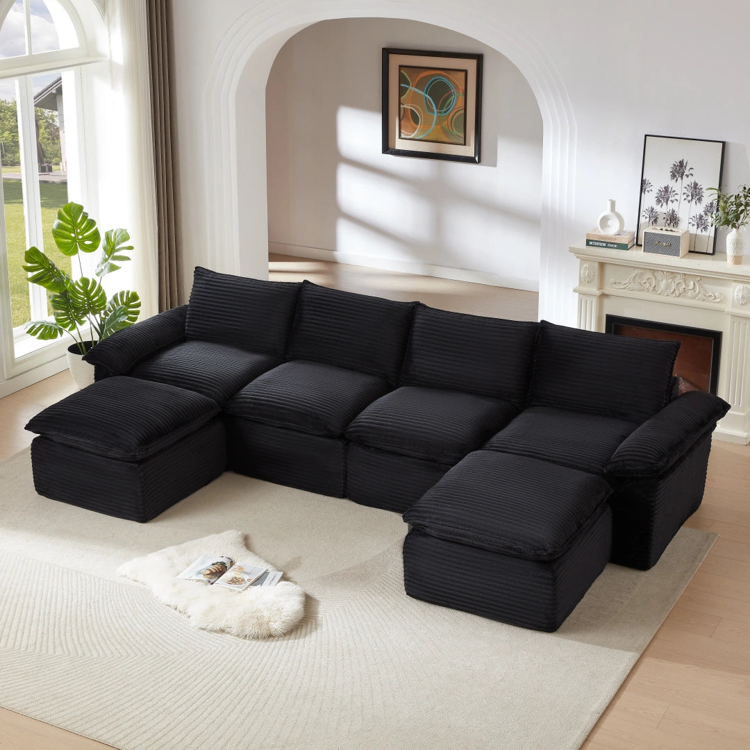 Black 4 Seat and 2 Ottoman Modern corduroy cloud sofa #6108