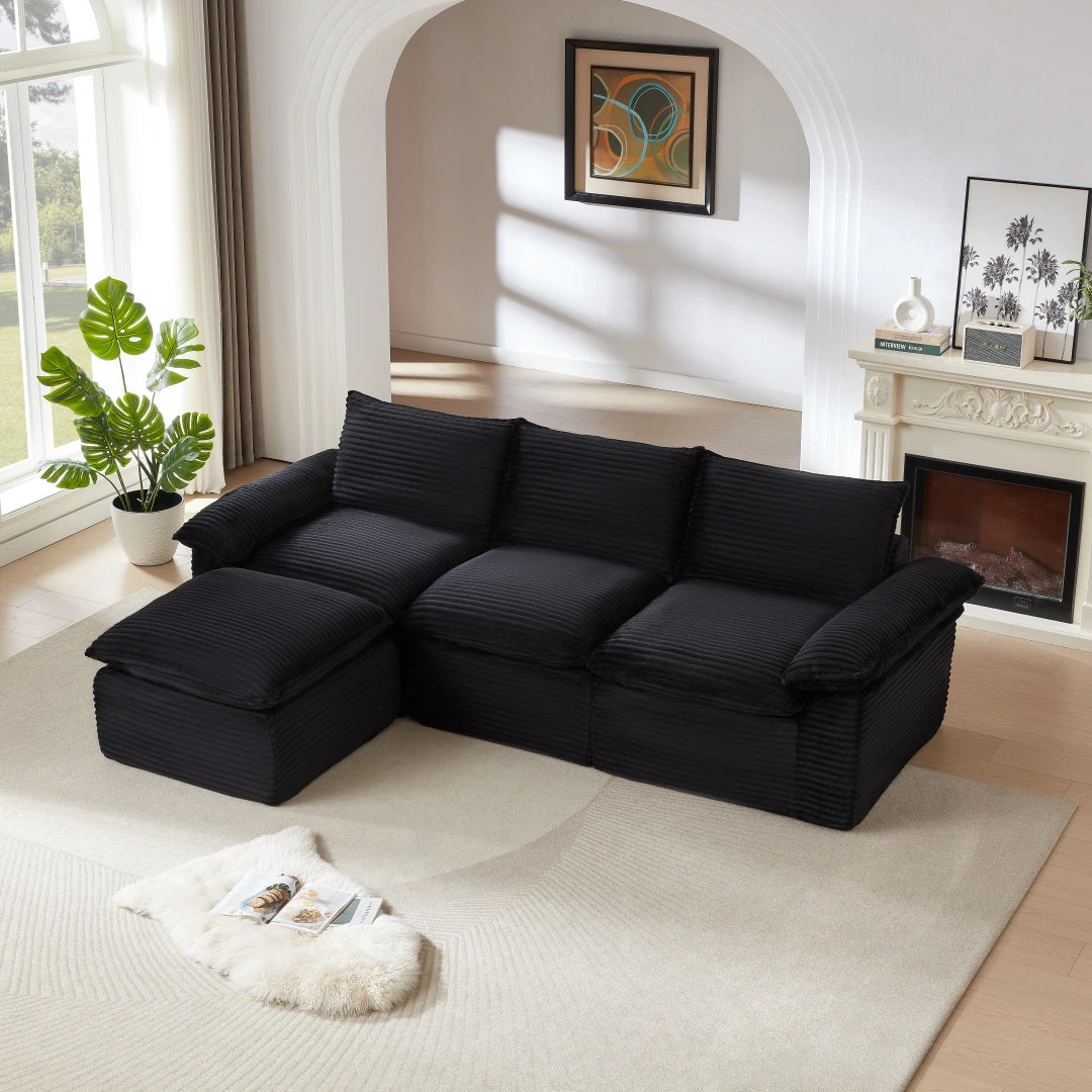 Black 3 Seat and Ottoman Modern corduroy cloud sofa #6108