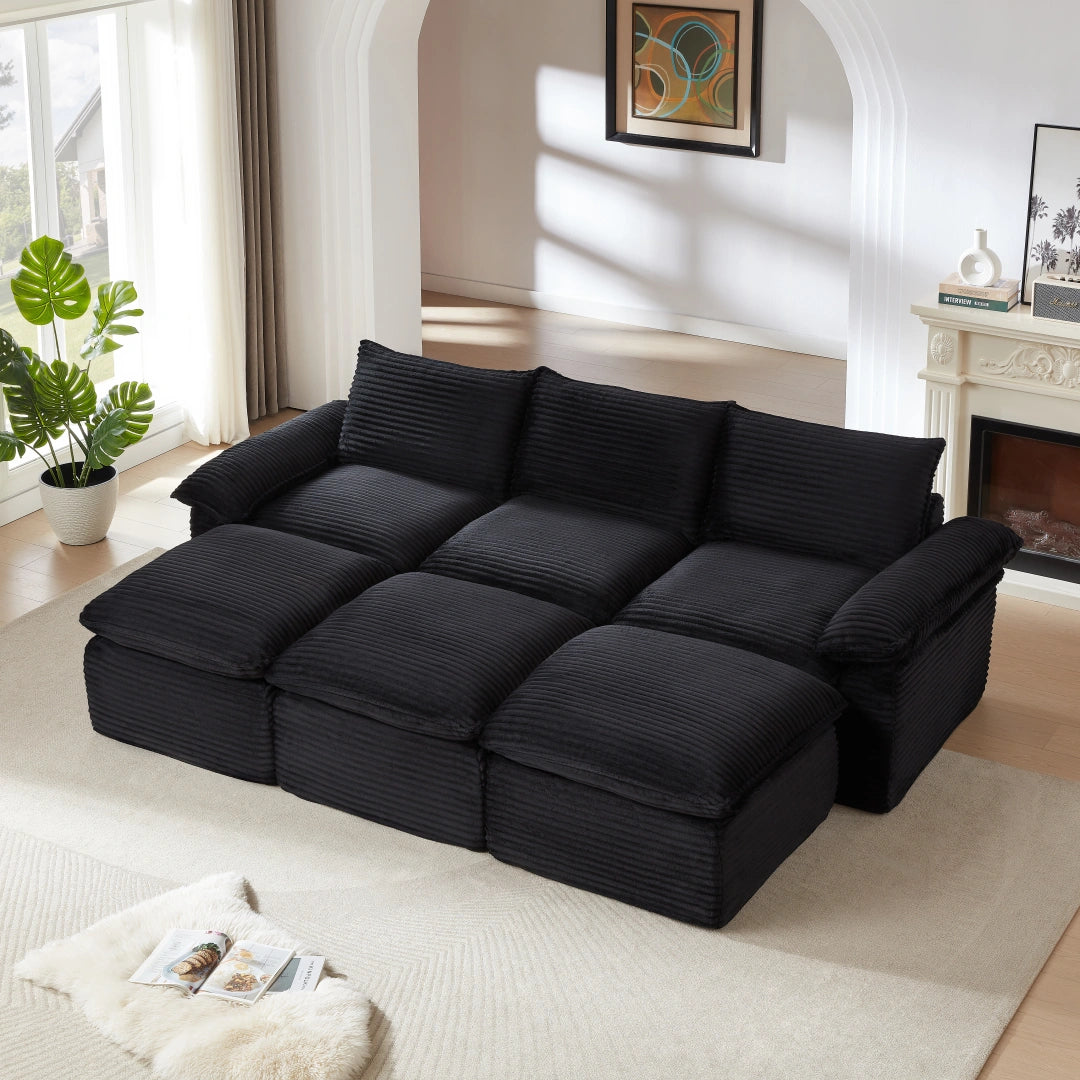 Black 3 Seat and 3 Ottoman Modern corduroy cloud sofa #6108