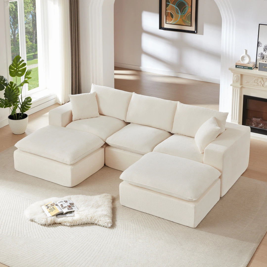 White 3 Seat and 2 Ottoman Modern Chenille Cloud Sofa #6120