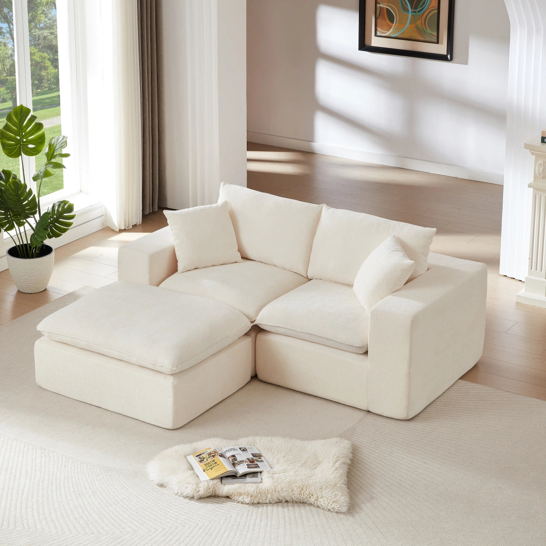 White 2 Seat and 1 Ottoman Modern Chenille Cloud Sofa #6120