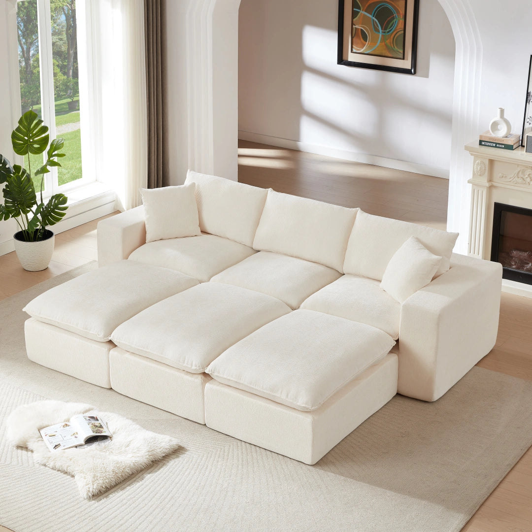 White 3 Seat and 3 Ottoman Modern Chenille Cloud Sofa #6120