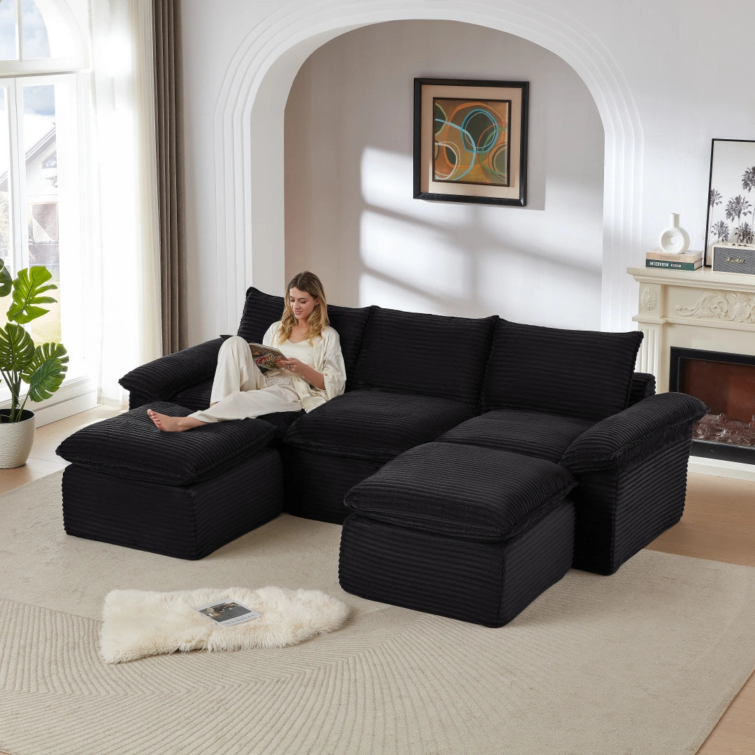 Black 3 Seat and 2 Ottoman Modern corduroy cloud sofa #6108