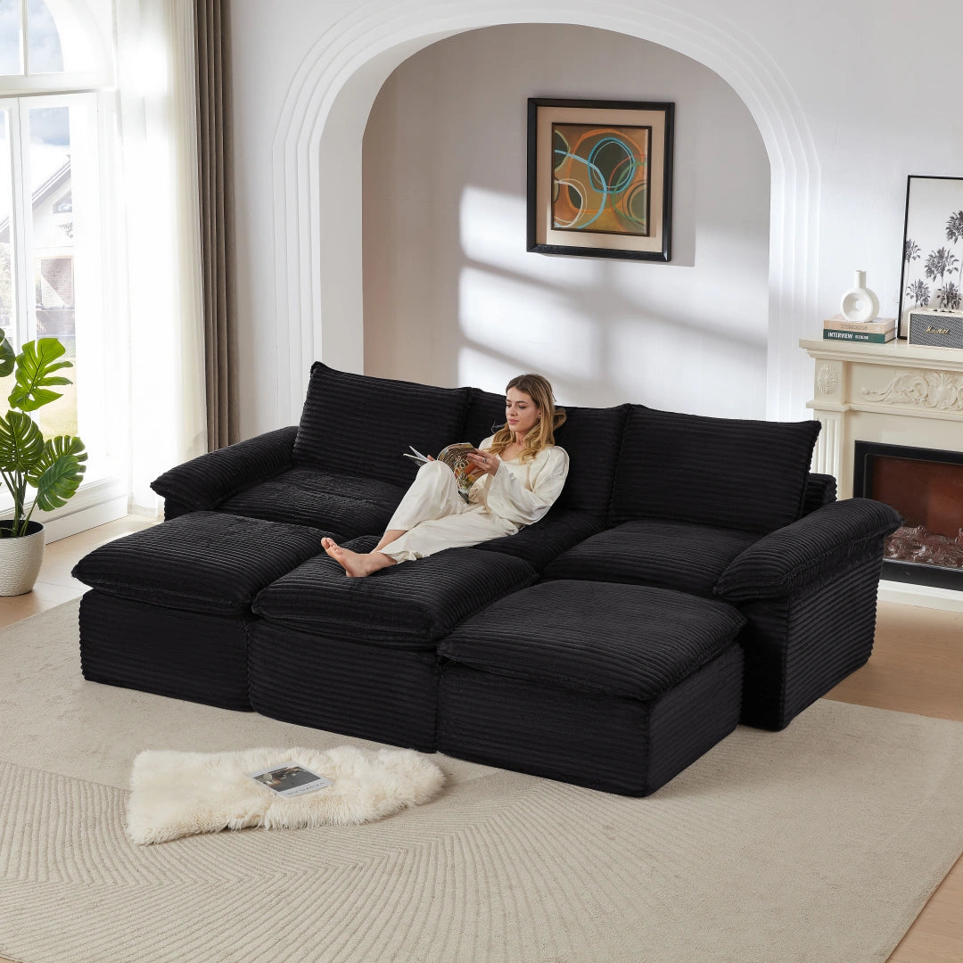 Black 3 Seat and 3 Ottoman Modern corduroy cloud sofa #6108