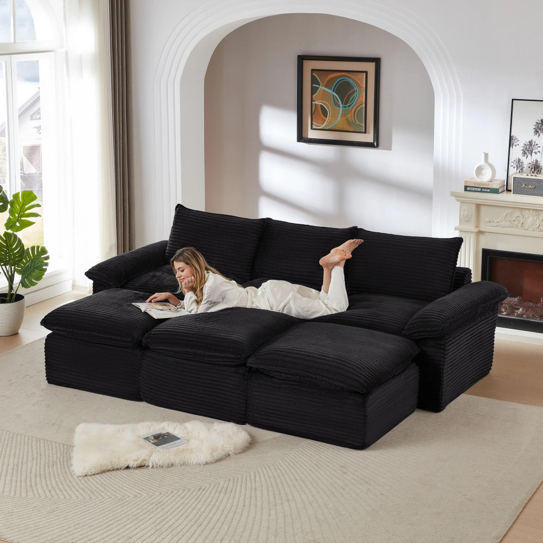 Black 3 Seat and 3 Ottoman Modern corduroy cloud sofa #6108