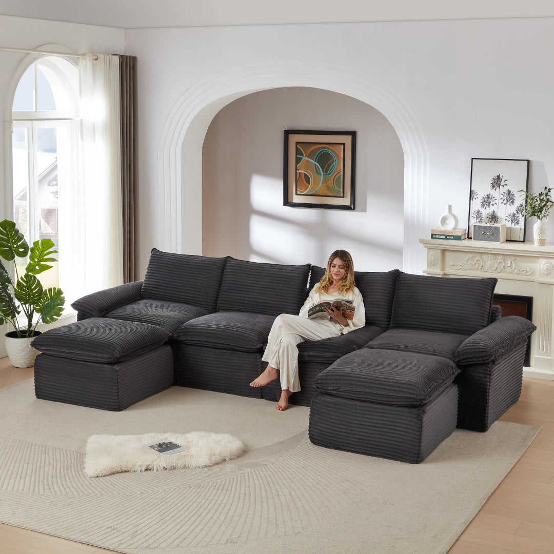 Dark Gray 4 Seat and 2 Ottoman Modern corduroy cloud sofa #6108