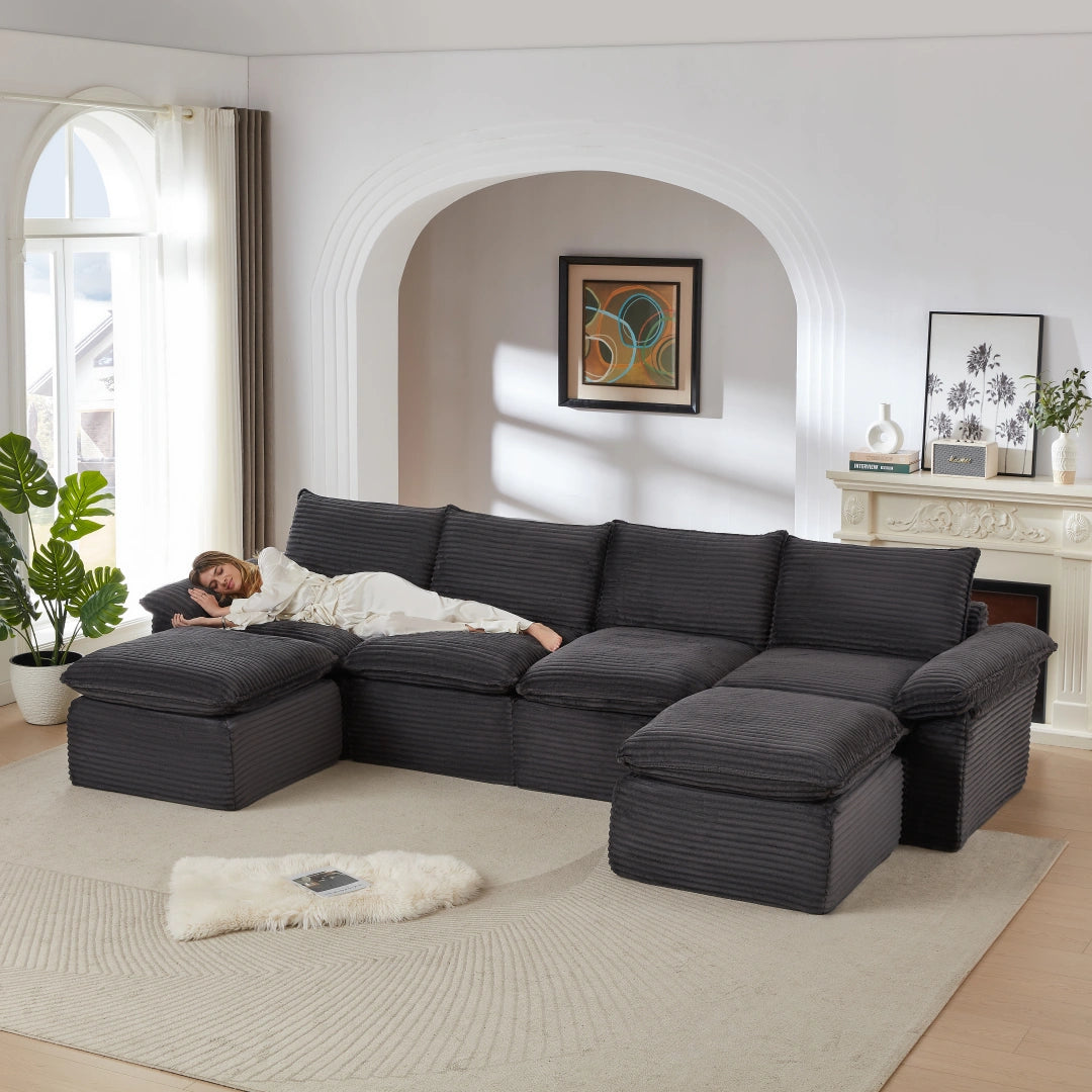 Dark Gray 4 Seat and 2 Ottoman Modern corduroy cloud sofa #6108