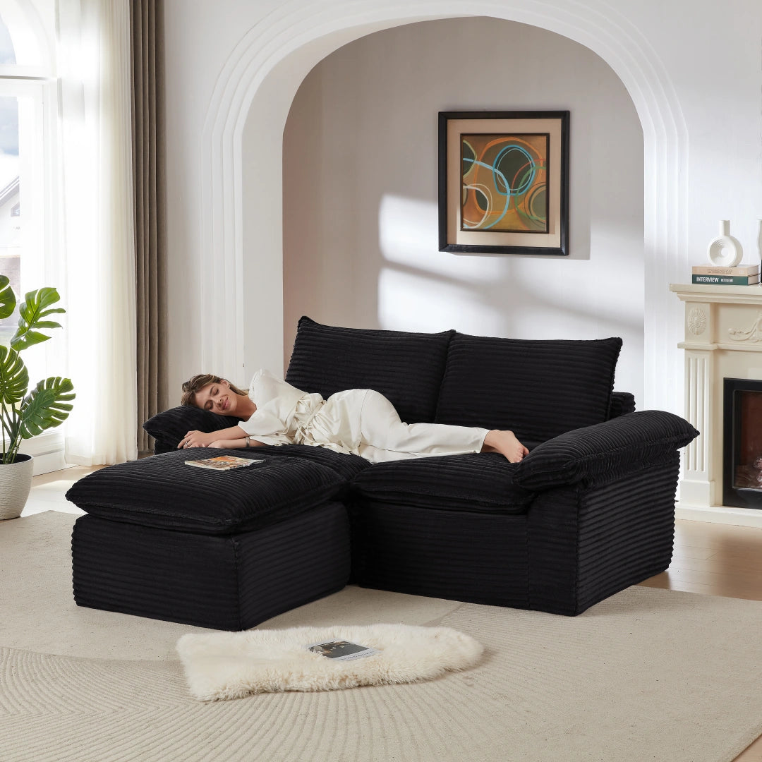 Black 2 Seat and Ottoman Modern corduroy cloud sofa #6108