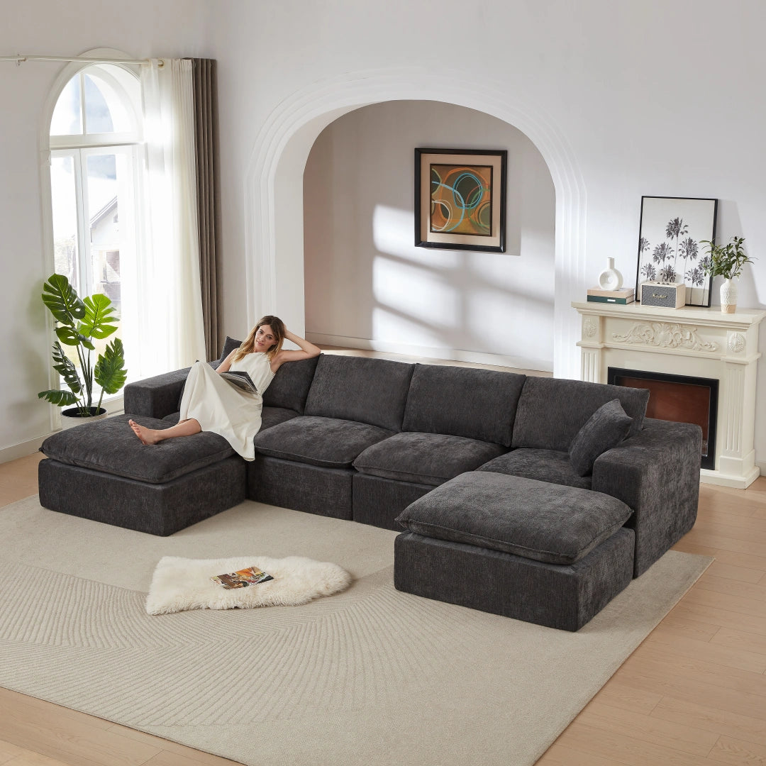 Dark Gray 4 Seat and 2 Ottoman Modern Chenille Cloud Sofa #6120