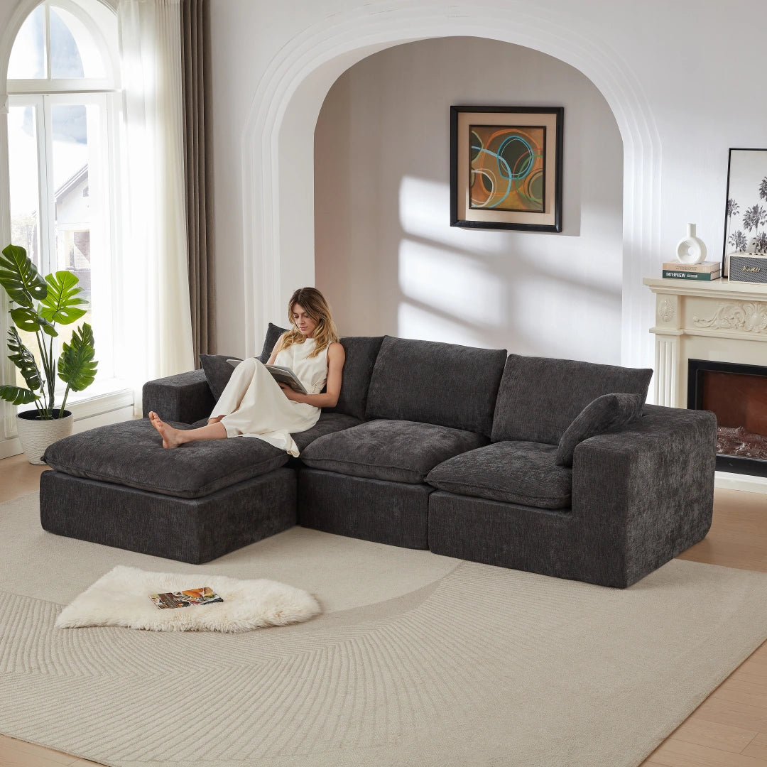 Dark Gray 3 Seat and 1 Ottoman Modern Chenille Cloud Sofa #6120