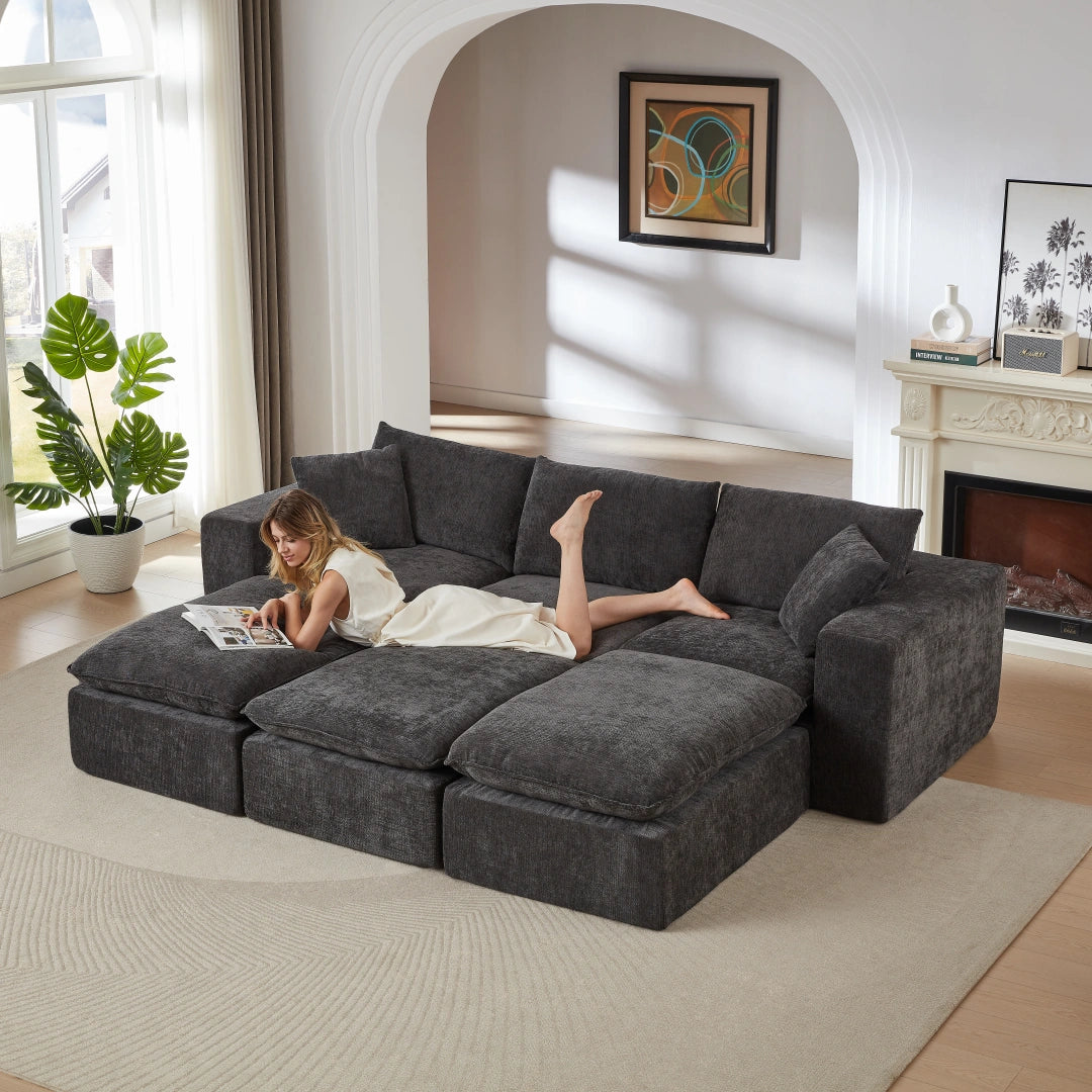 Dark Gray 3 Seat and 3 Ottoman Modern Chenille Cloud Sofa #6120