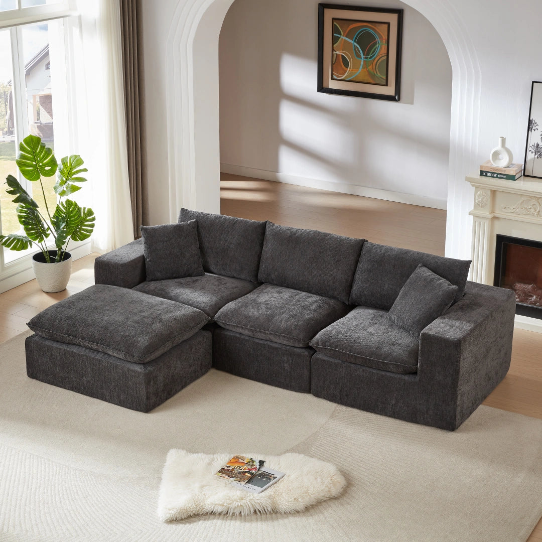 Dark Gray 3 Seat and 1 Ottoman Modern Chenille Cloud Sofa #6120