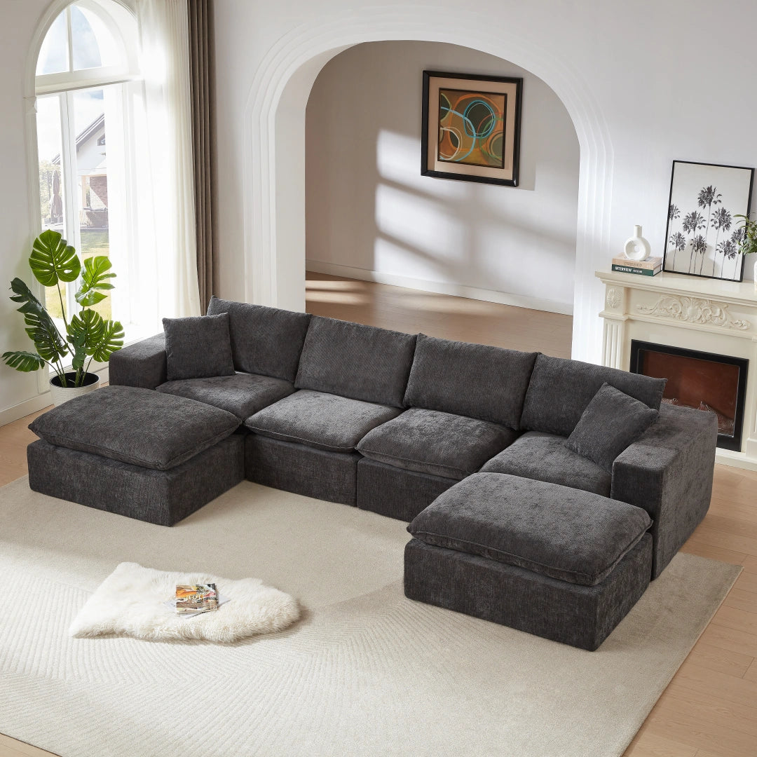 Dark Gray 4 Seat and 2 Ottoman Modern Chenille Cloud Sofa #6120