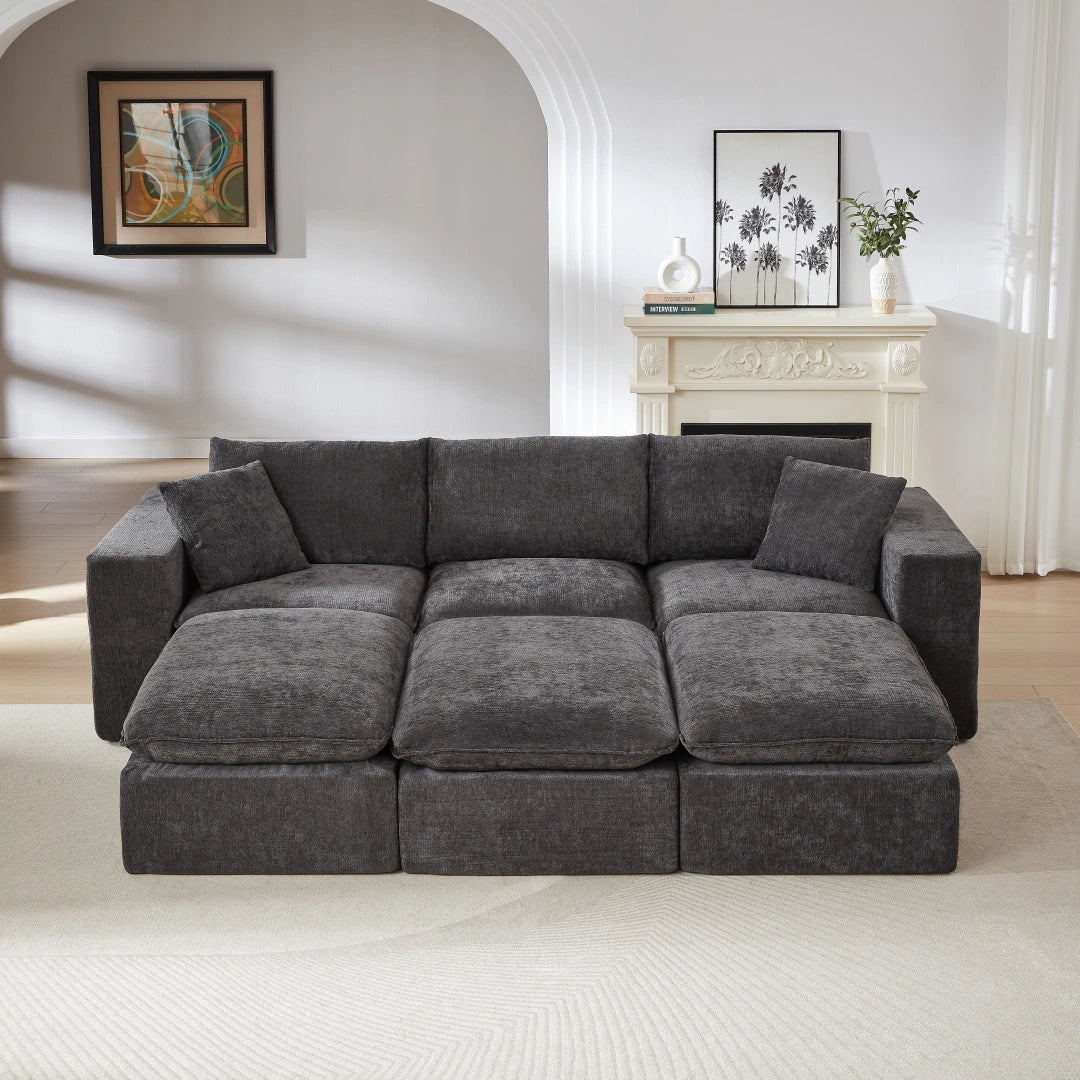 Dark Gray 3 Seat and 3 Ottoman Modern Chenille Cloud Sofa #6120