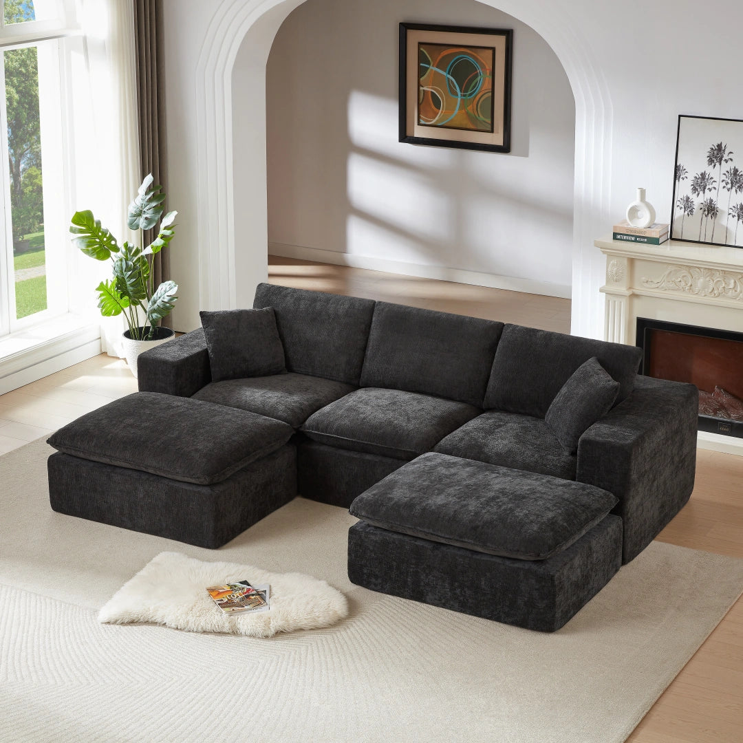 Black 3 Seat and 2 Ottoman Modern Chenille Cloud Sofa #6120