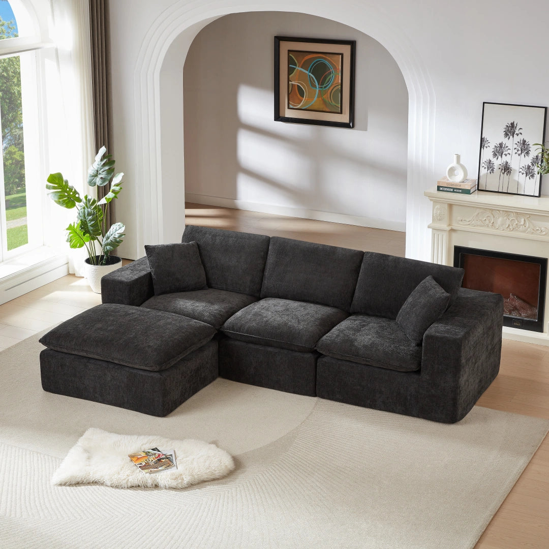 Black 3 Seat and 1 Ottoman Modern Chenille Cloud Sofa #6120