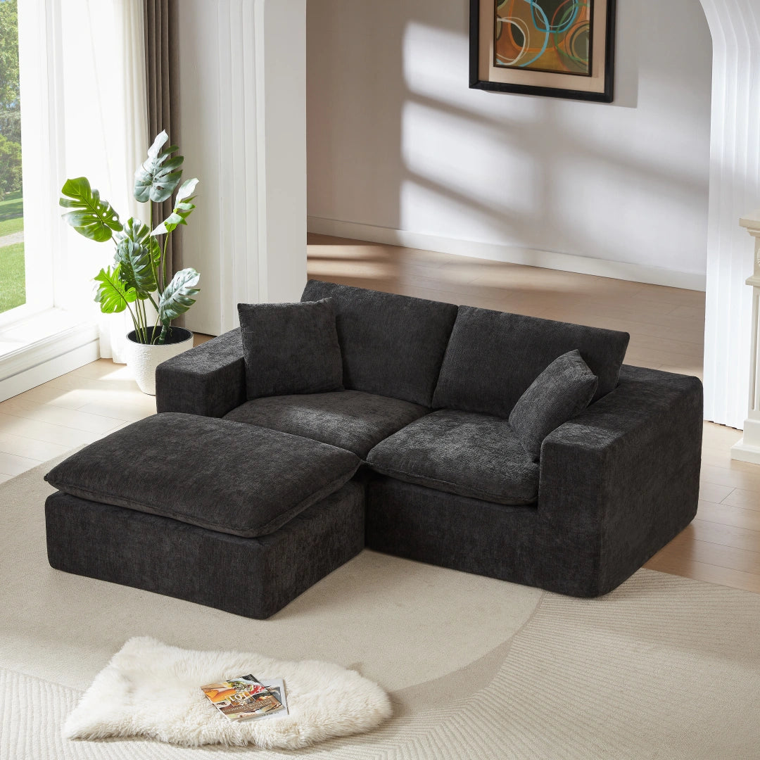 Black 2 Seat and 1 Ottoman Modern Chenille Cloud Sofa #6120
