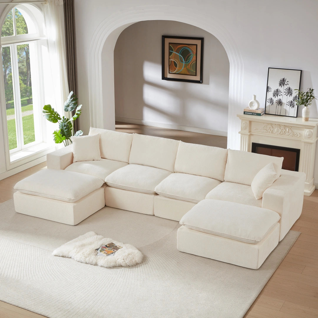 White 4 Seat and 2 Ottoman Modern Chenille Cloud Sofa #6120