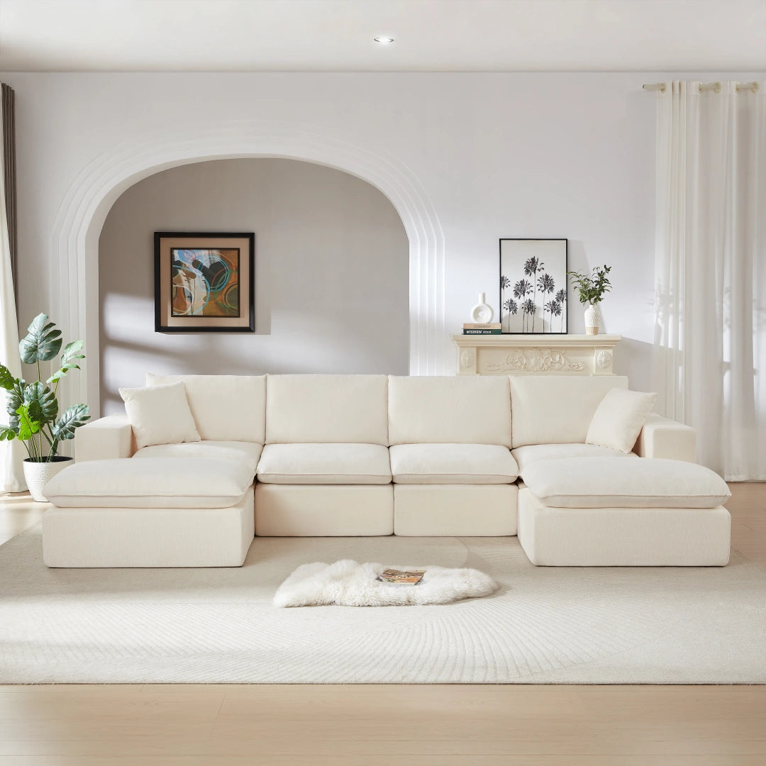 White 4 Seat and 2 Ottoman Modern Chenille Cloud Sofa #6120