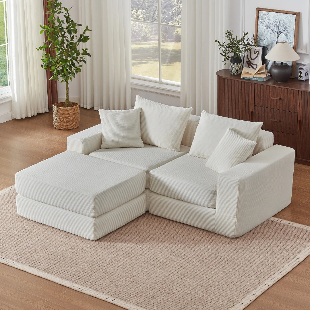 Beige 2 Seat and 1 Ottoman Modular Sectional Loveaeat Cloud Sofa #6083