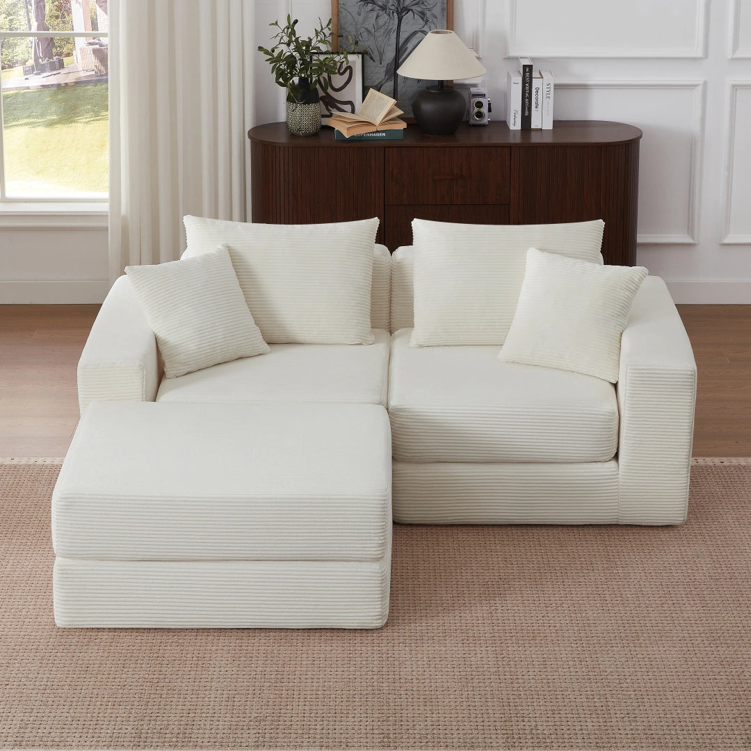 Beige 2 Seat and 1 Ottoman Modular Sectional Loveaeat Cloud Sofa #6083