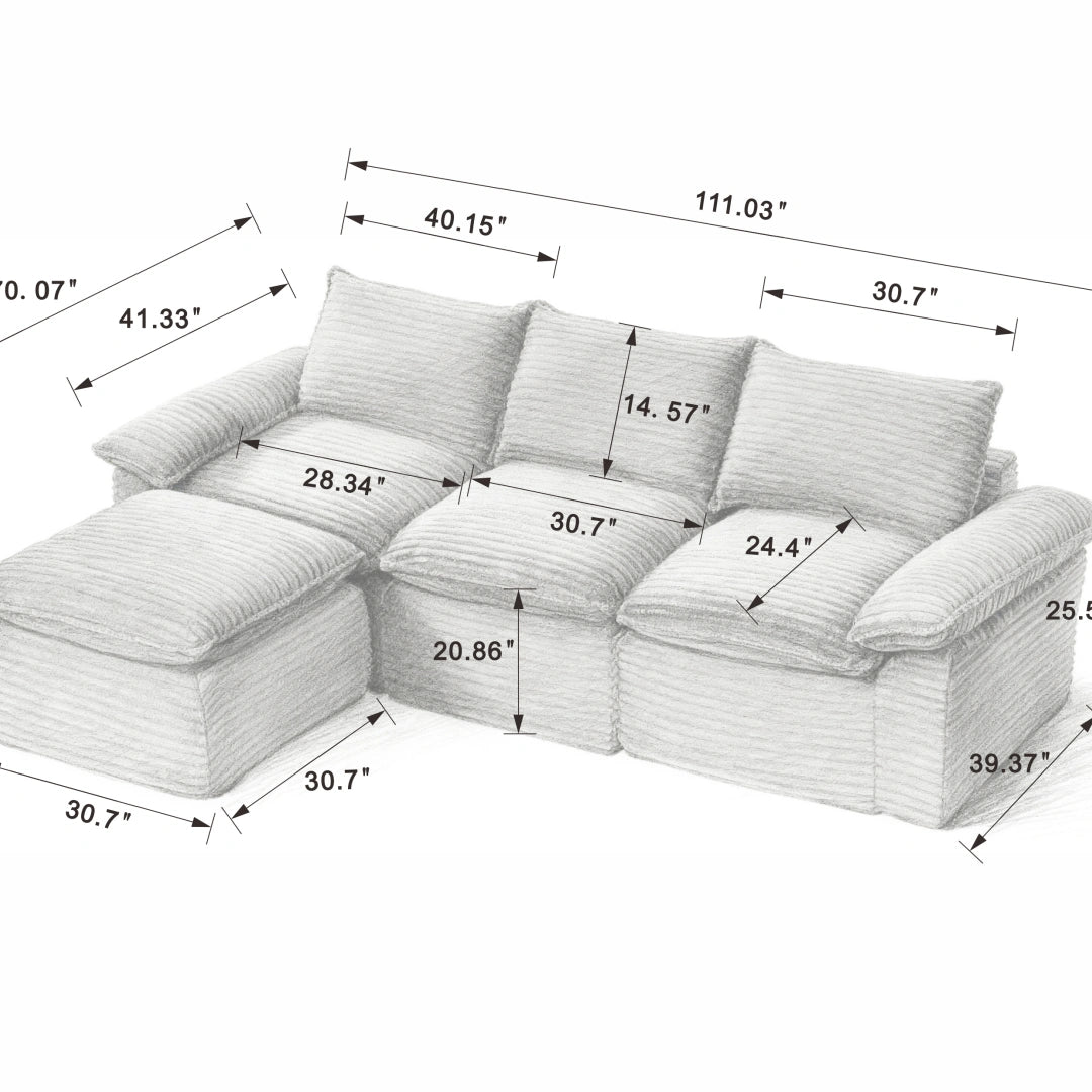 White 3 Seat and Ottoman Modern corduroy cloud sofa #6108