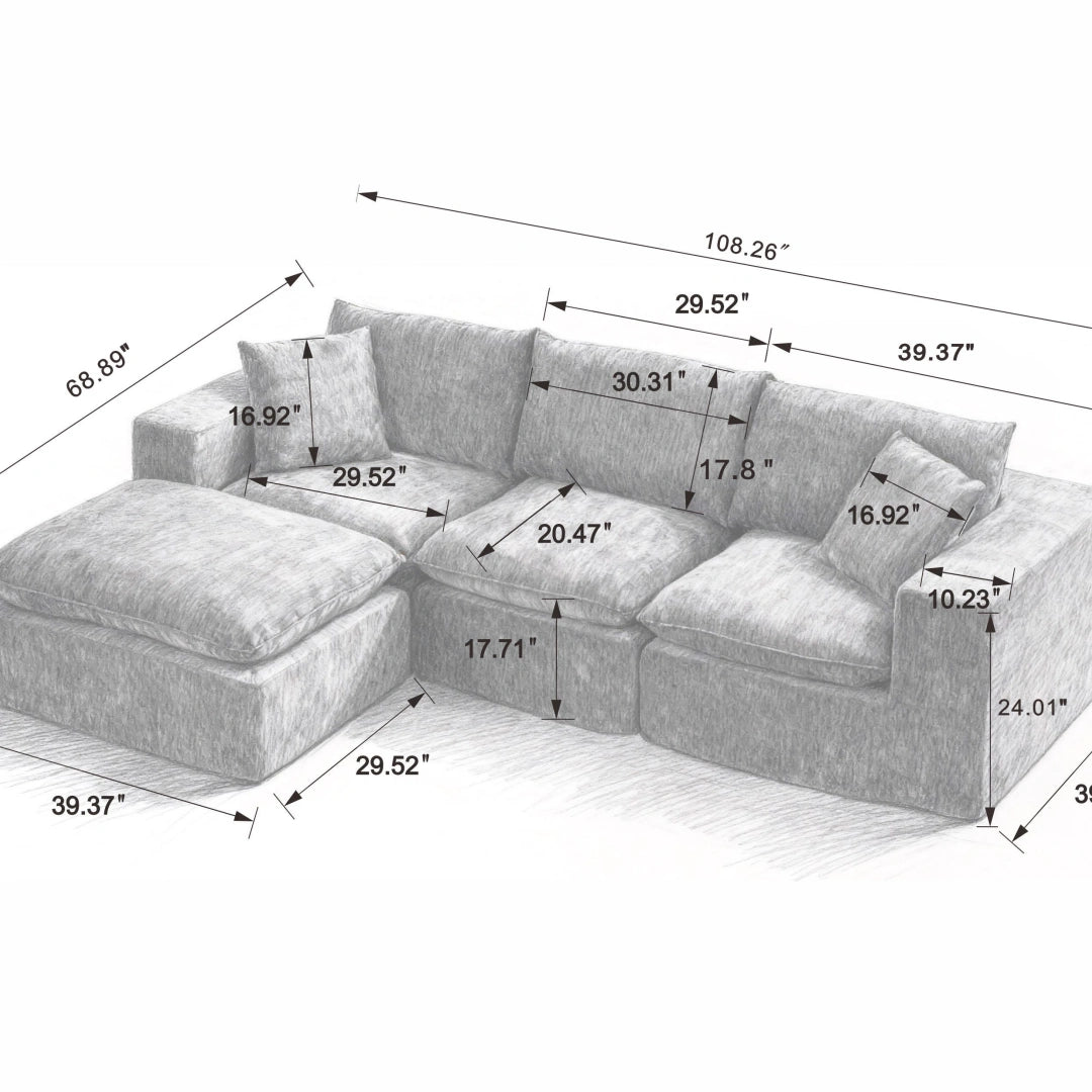 White 3 Seat and 1 Ottoman Modern Chenille Cloud Sofa #6120