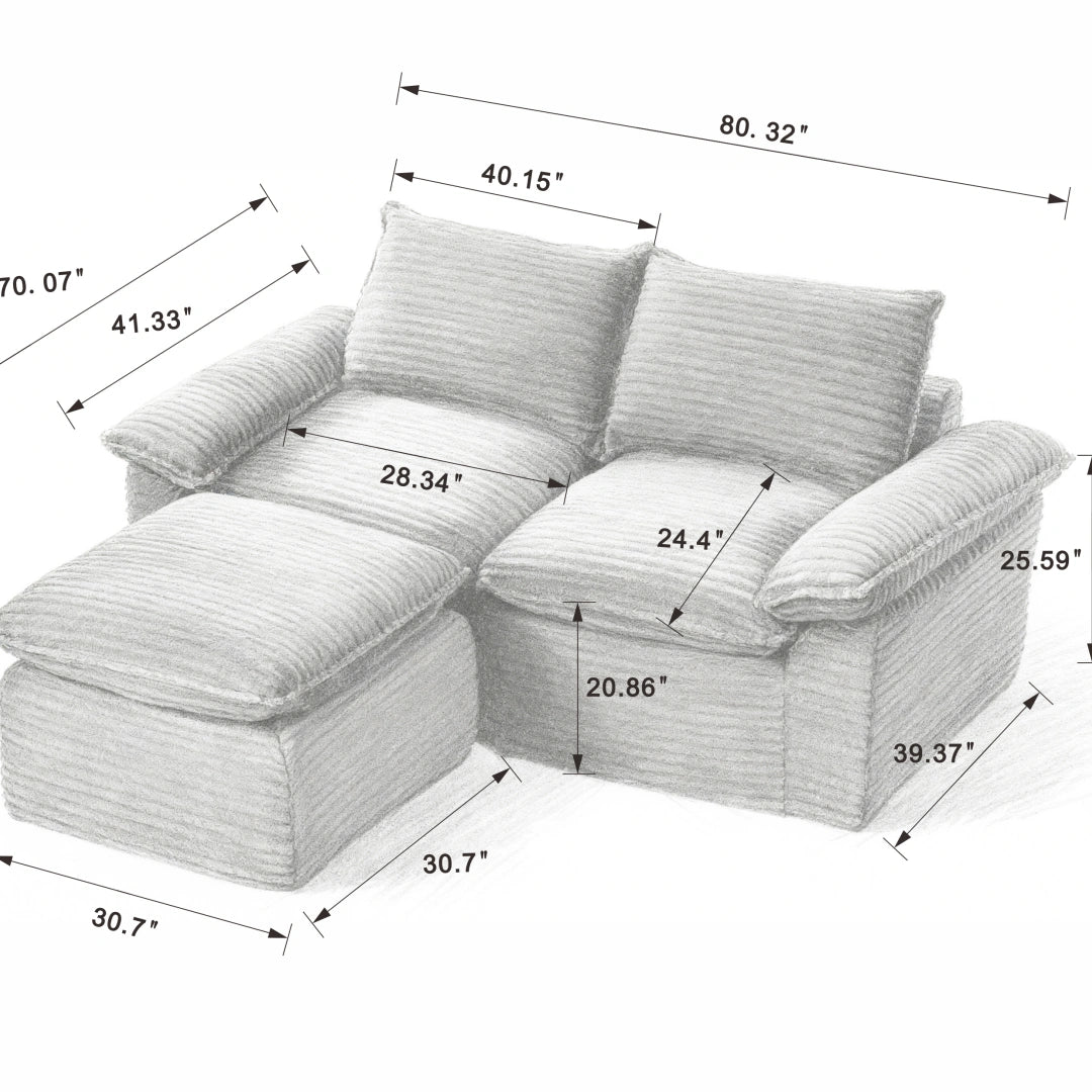 White 2 Seat and Ottoman Modern corduroy cloud sofa #6108