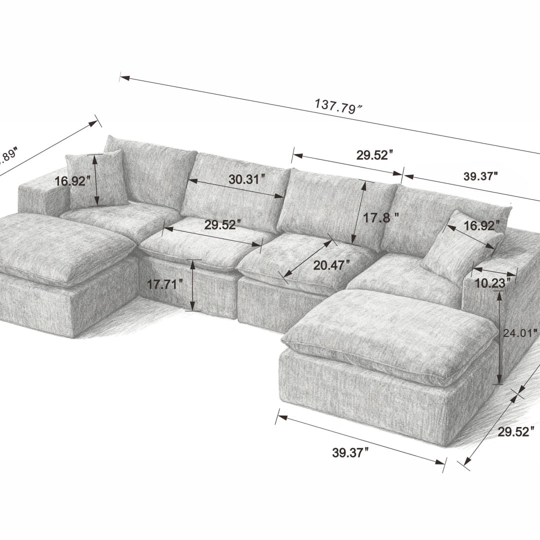 Dark Gray 4 Seat and 2 Ottoman Modern Chenille Cloud Sofa #6120