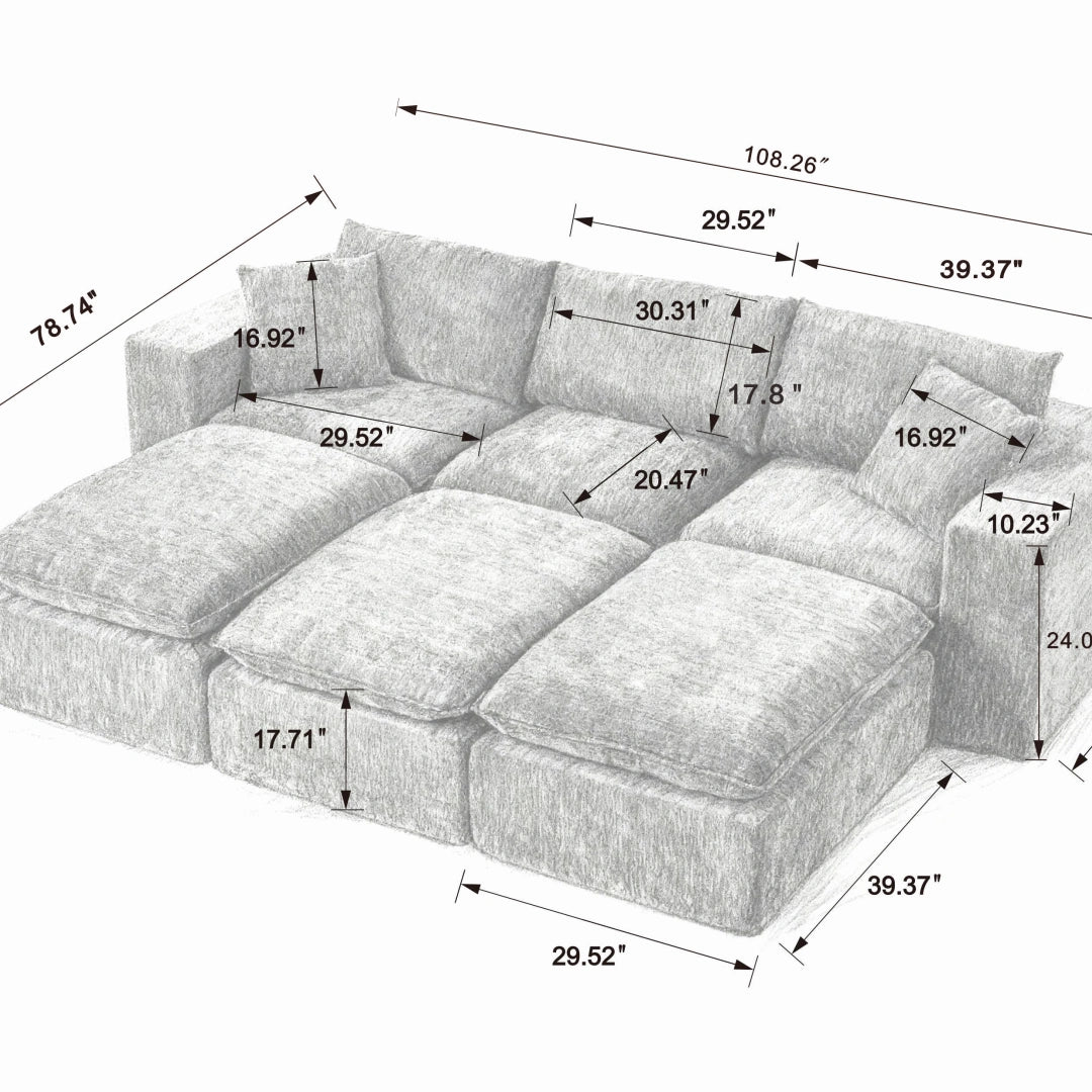 Dark Gray 3 Seat and 3 Ottoman Modern Chenille Cloud Sofa #6120