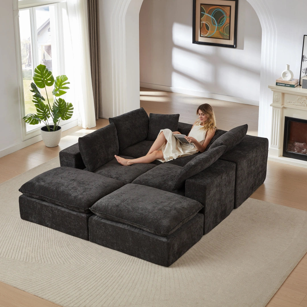 Black 6 Seat Modern Chenille Cloud Sofa #6120