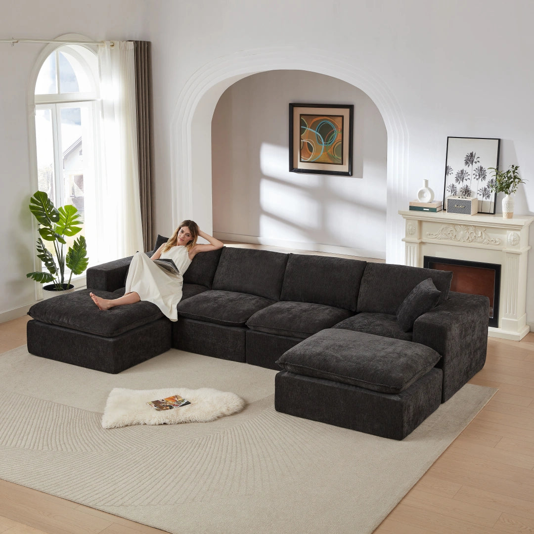 Black 4 Seat and 2 Ottoman Modern Chenille Cloud Sofa #6120