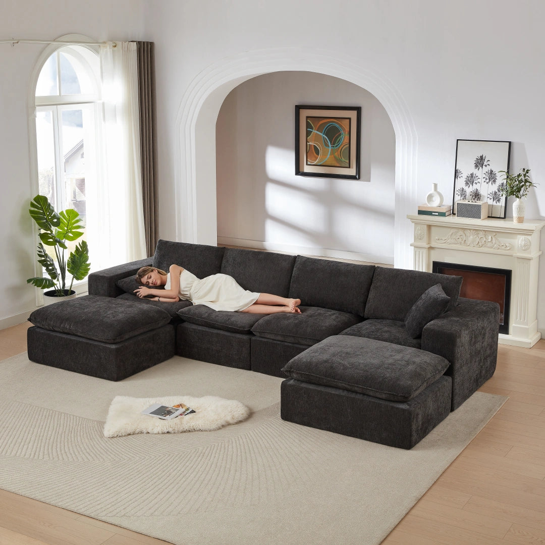 Black 4 Seat and 2 Ottoman Modern Chenille Cloud Sofa #6120