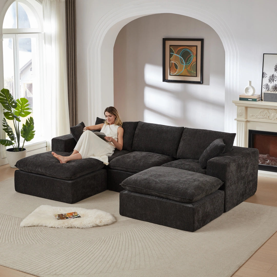 Black 3 Seat and 2 Ottoman Modern Chenille Cloud Sofa #6120