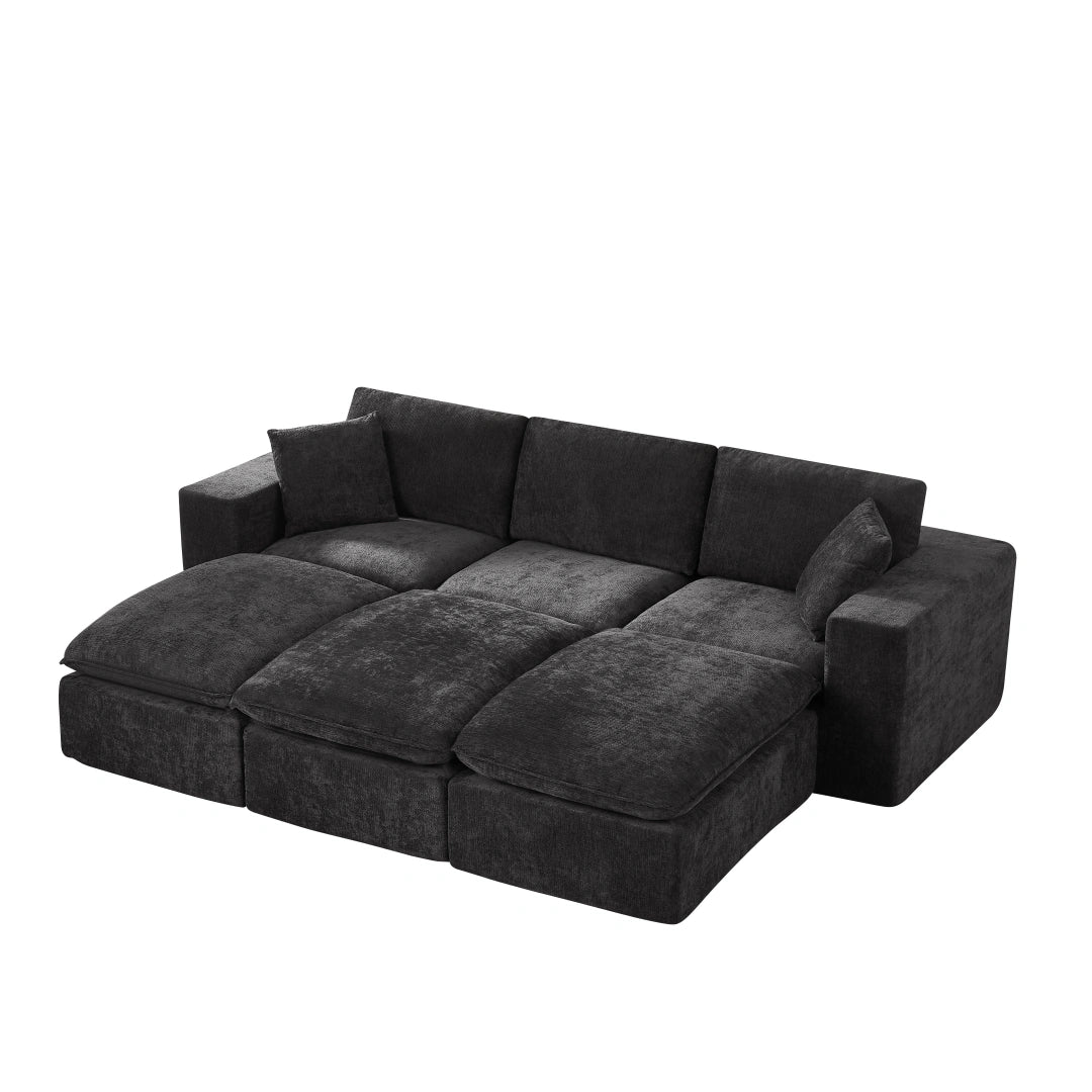Black 3 Seat and 3 Ottoman Modern Chenille Cloud Sofa #6120