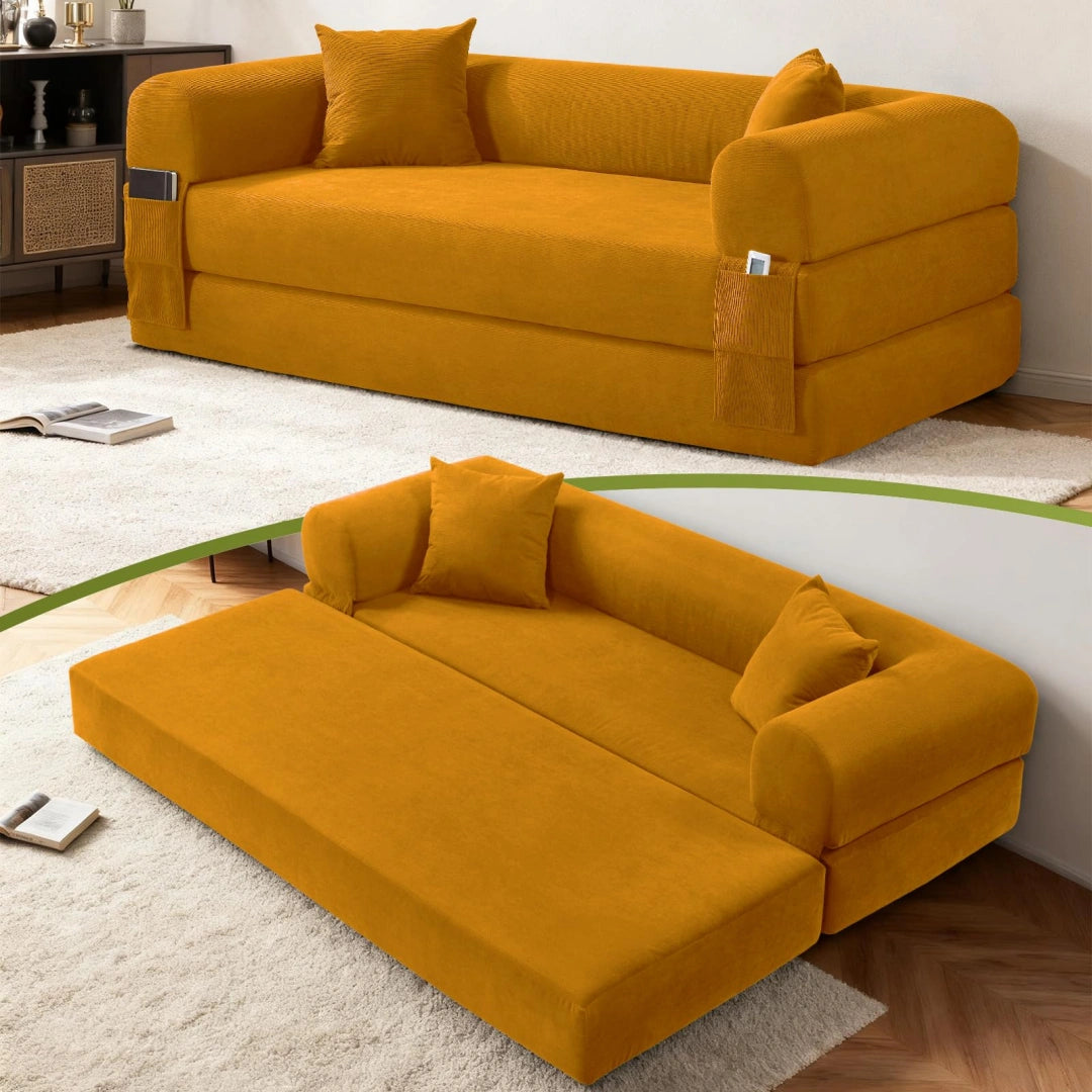 Yellow Convertible Sofa Bed Couch 80 Inch Boneless Couches for Living Room #6115