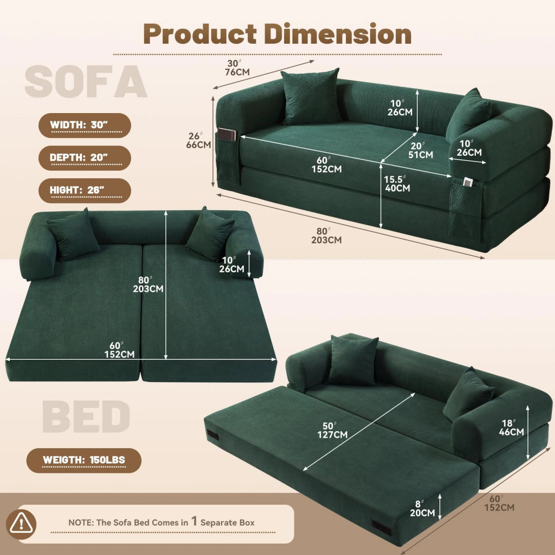 Dark Green Convertible Sofa Bed Couch 80 Inch Boneless Couches for Living Room #6115