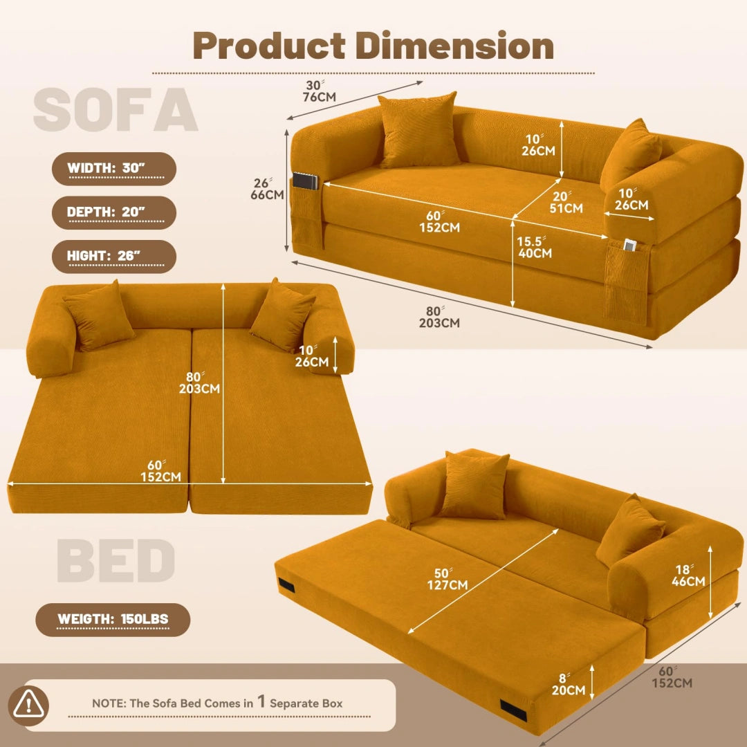 Yellow Convertible Sofa Bed Couch 80 Inch Boneless Couches for Living Room #6115