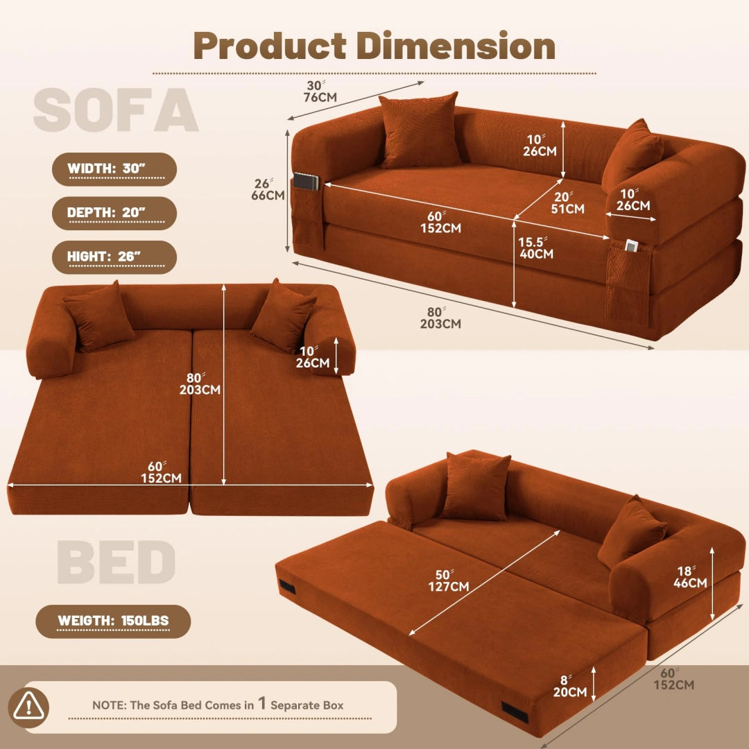 Orange Convertible Sofa Bed Couch 80 Inch Boneless Couches for Living Room #6115