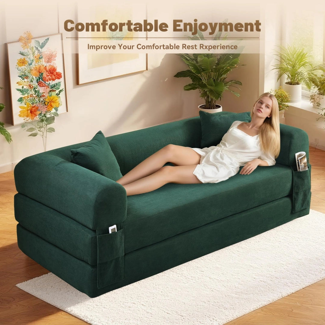 Dark Green Convertible Sofa Bed Couch 80 Inch Boneless Couches for Living Room #6115