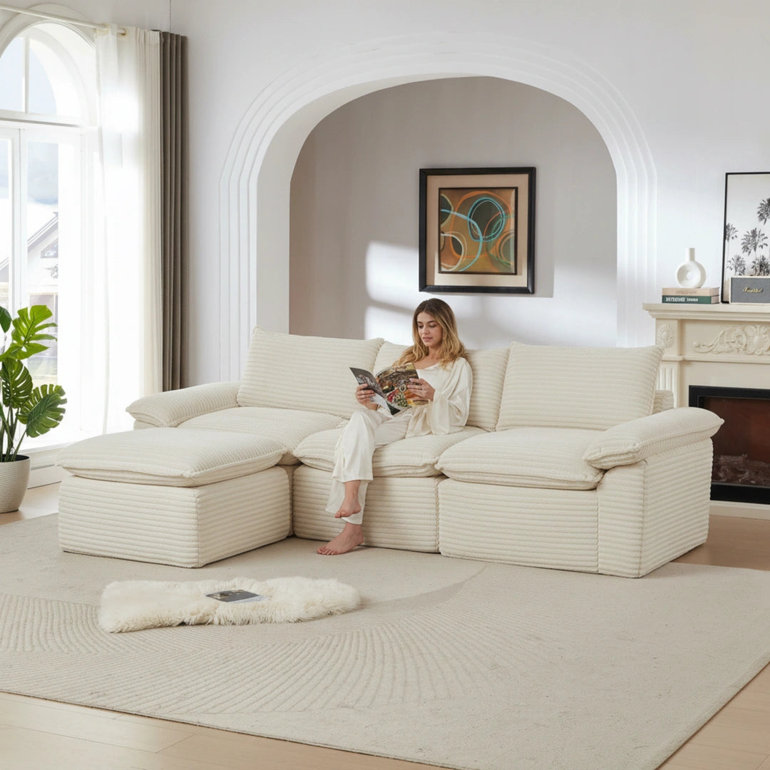 White 3 Seat and Ottoman Modern corduroy cloud sofa #6108