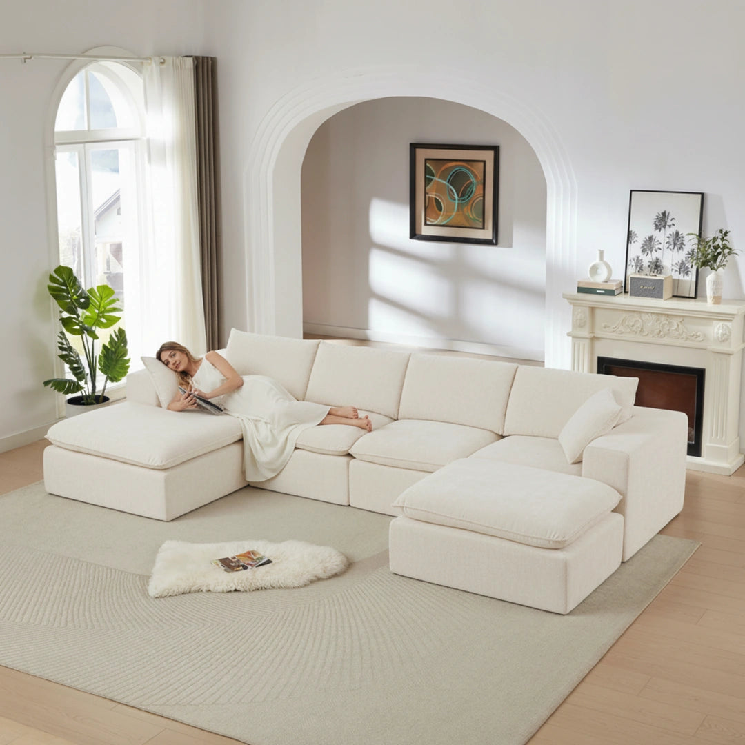 White 4 Seat and 2 Ottoman Modern Chenille Cloud Sofa #6120