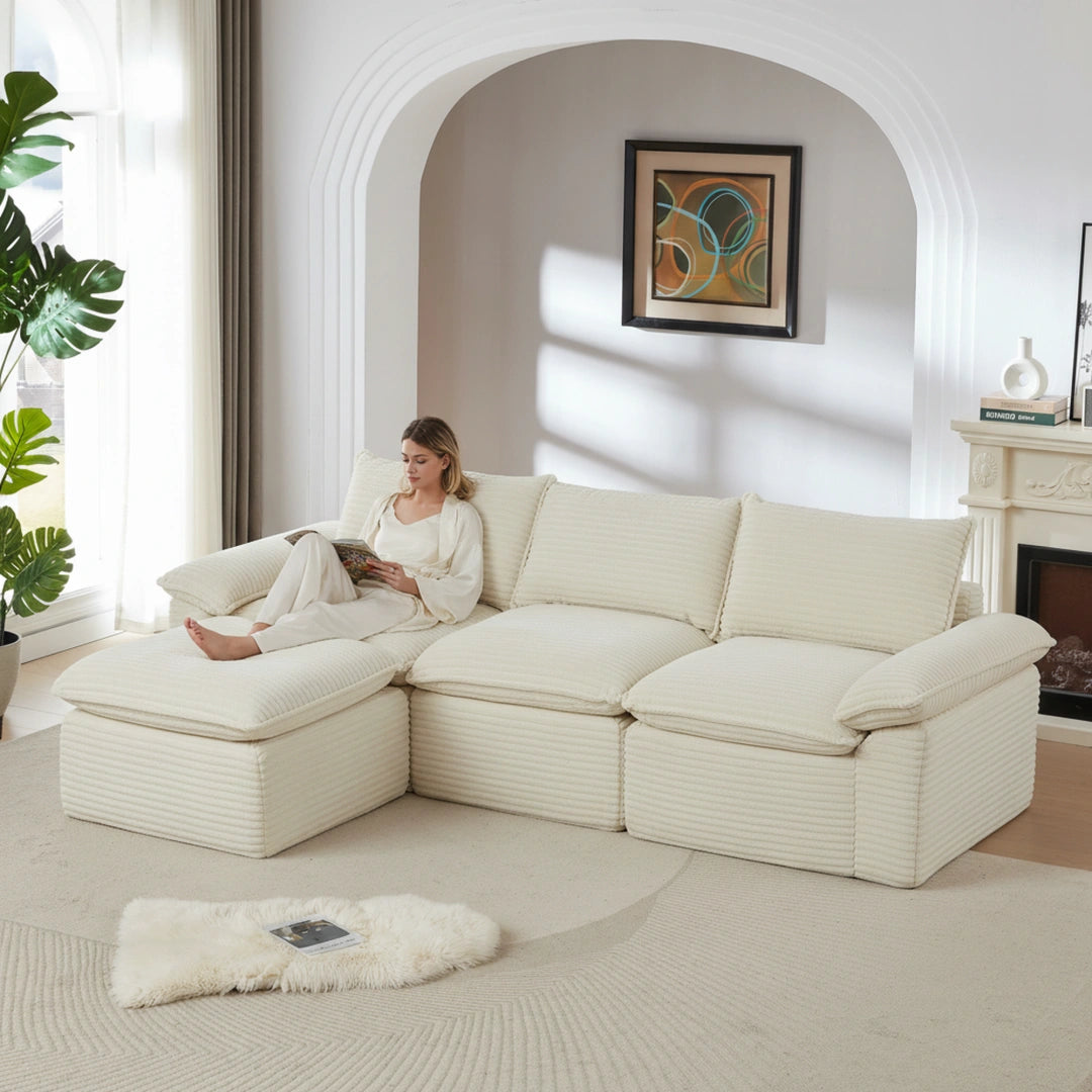 White 3 Seat and Ottoman Modern corduroy cloud sofa #6108