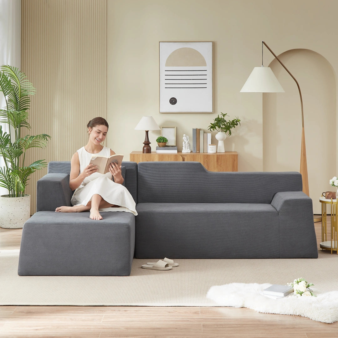 Dark Gray left Modern minimalist L-shaped corduroy high back sofa #6100B