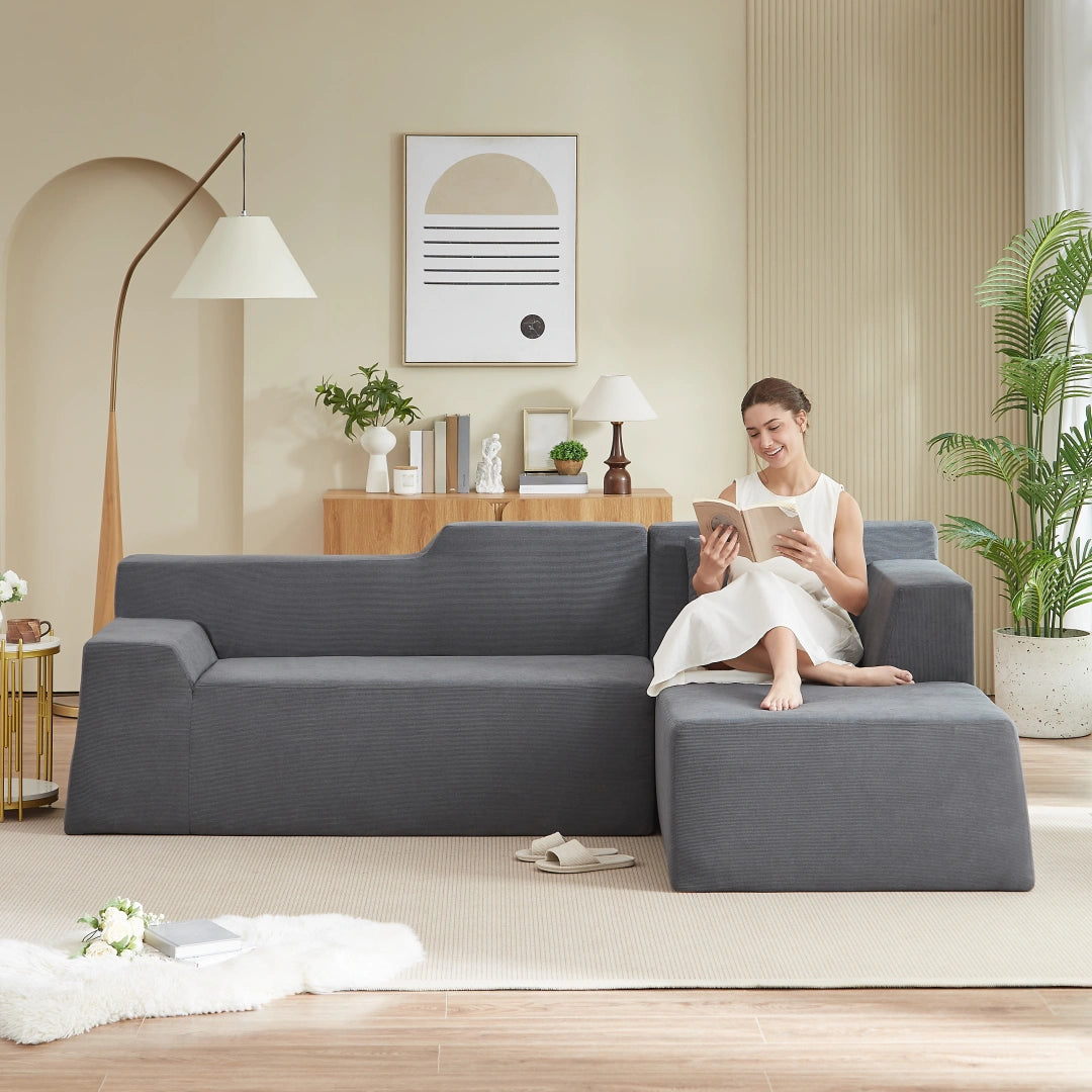 Dark Gray Right Modern minimalist L-shaped corduroy high back sofa #6100B