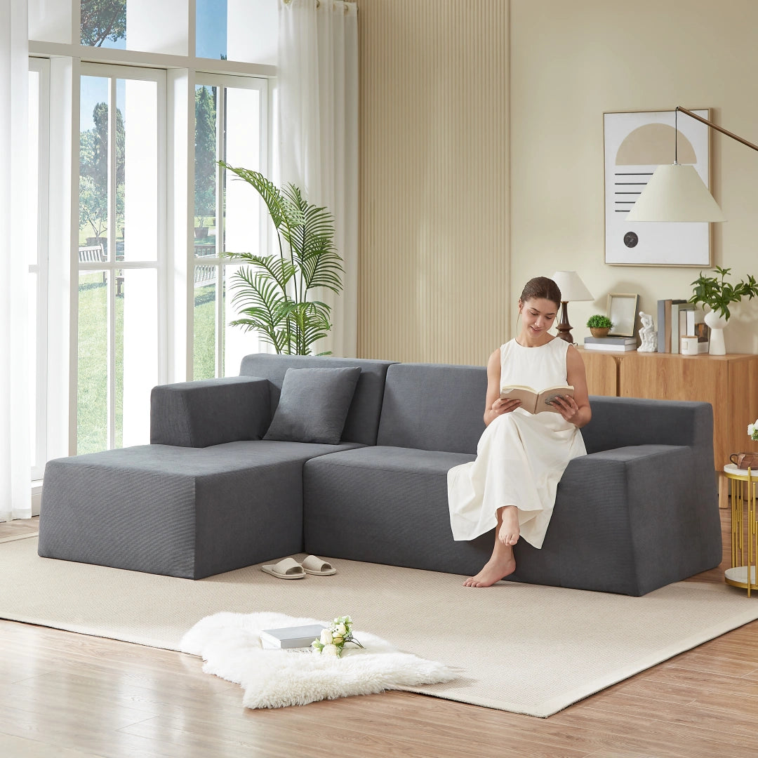 Dark Gray left Modern minimalist L-shaped corduroy high back sofa #6100B
